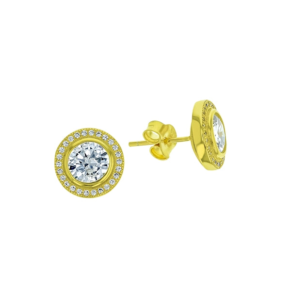 Round Halo Gold Vermeil Studs - 7MM